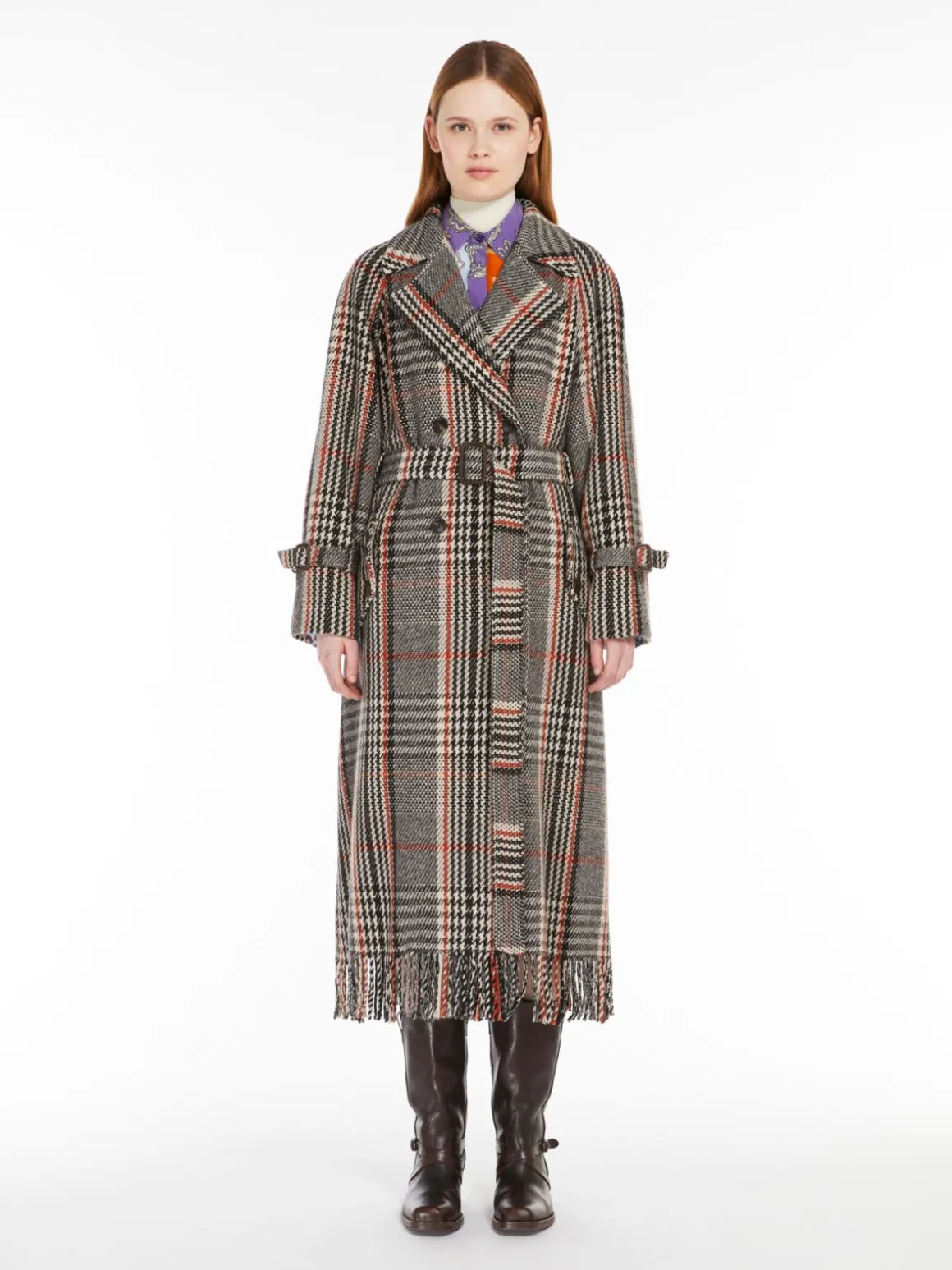 Fringed wool-blend coat