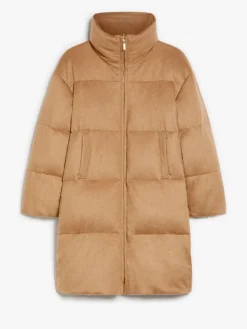 Long, reversible camel colour down jacket