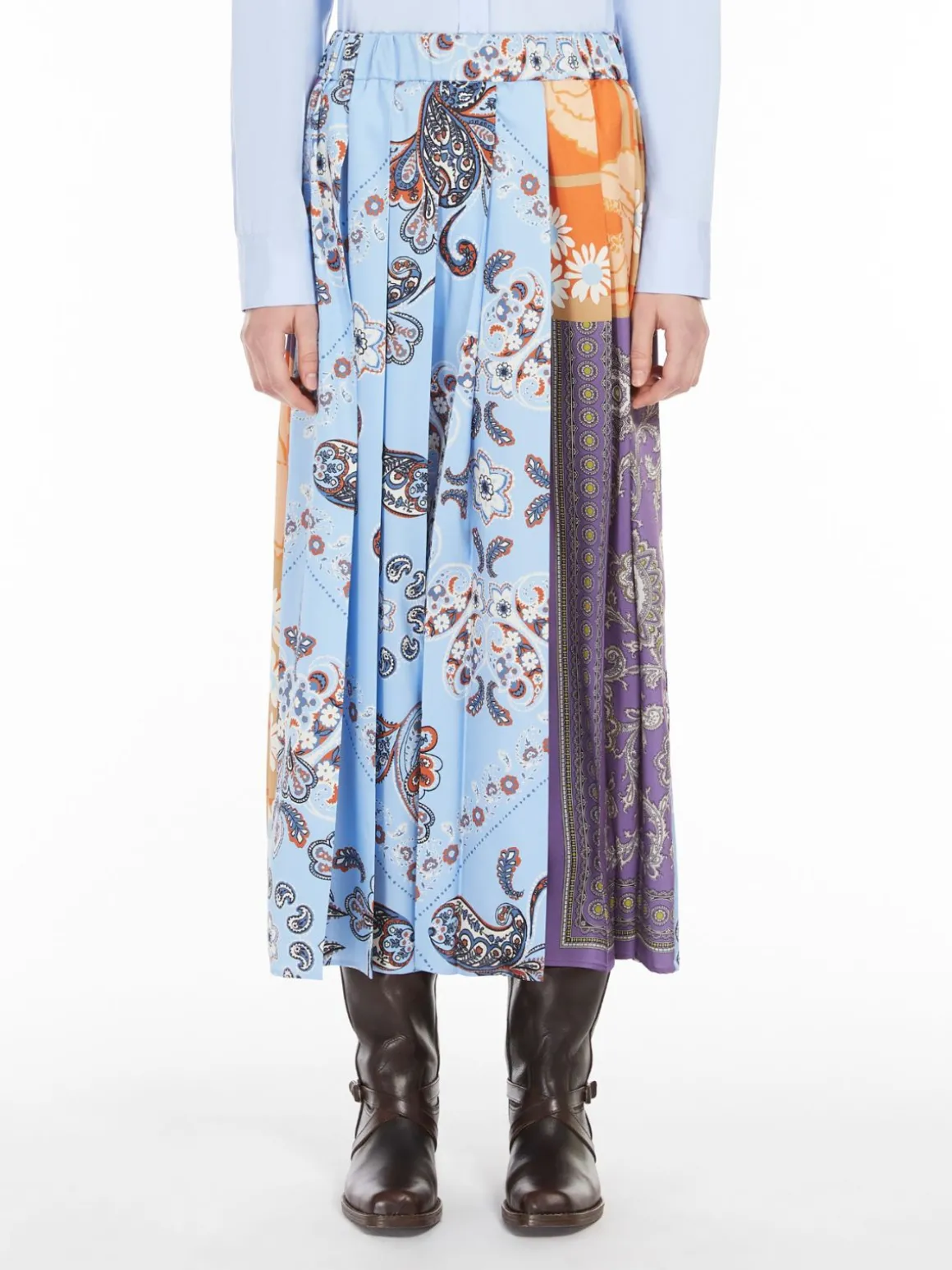Pleated printed twill skirt