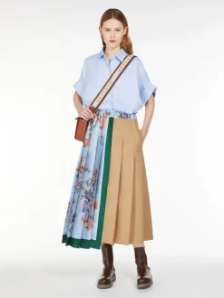 Printed canvas and twill midi skirt