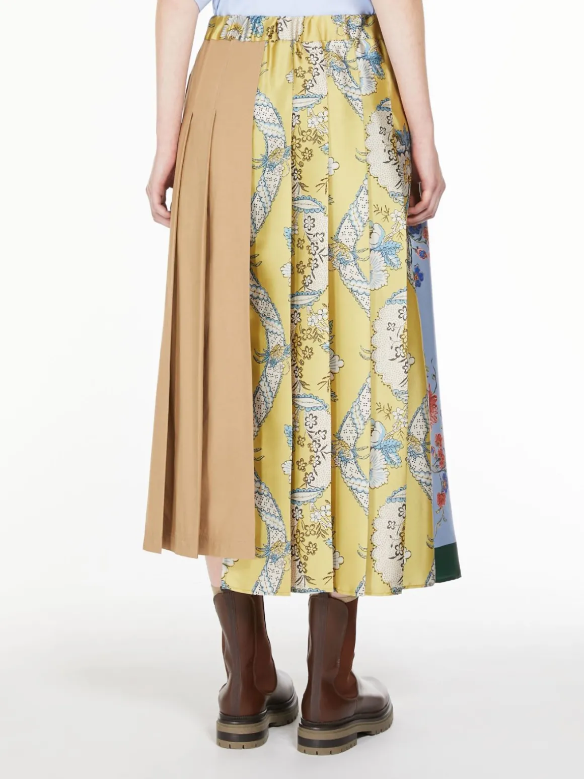 Printed canvas and twill midi skirt