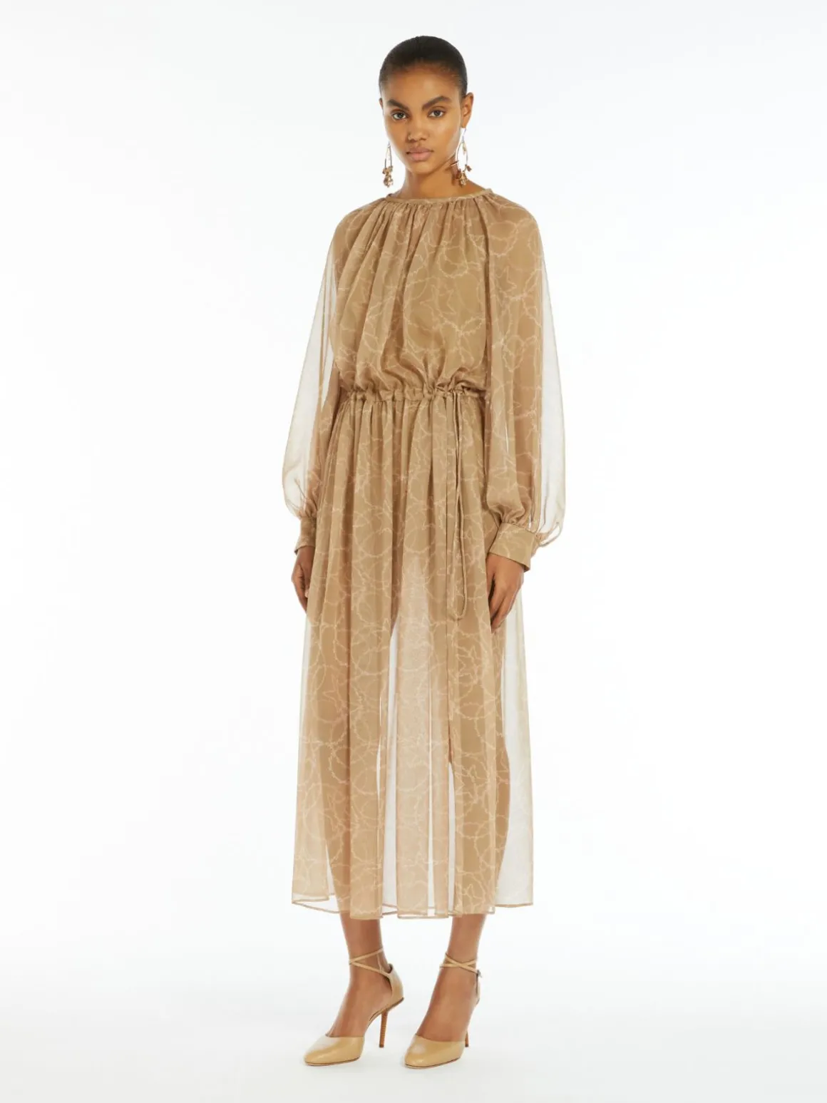 Printed silk dress with drawstring
