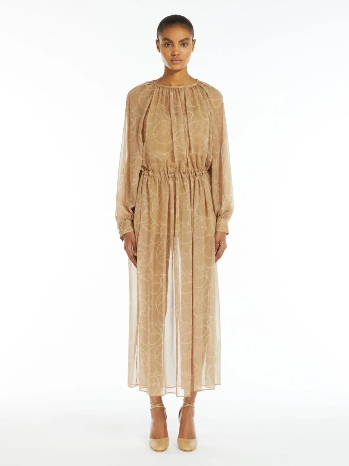 Printed silk dress with drawstring