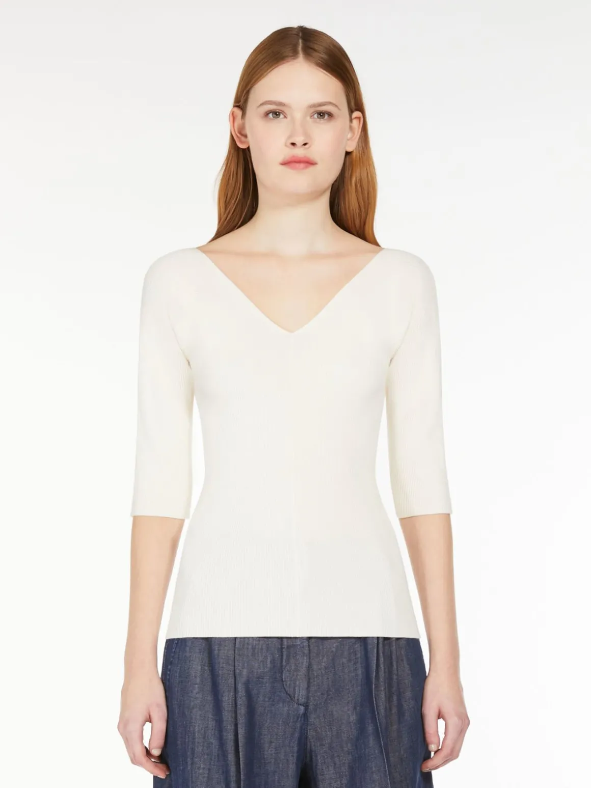 Rib-knit viscose V-neck sweater
