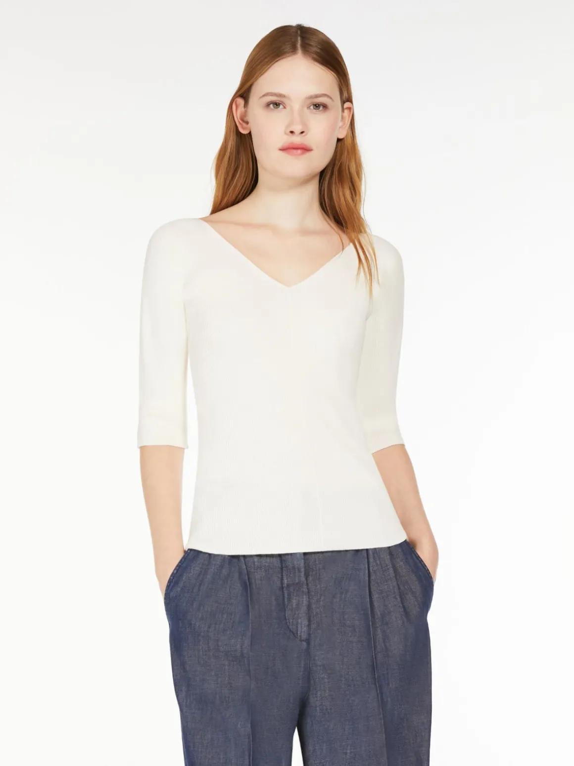 Rib-knit viscose V-neck sweater
