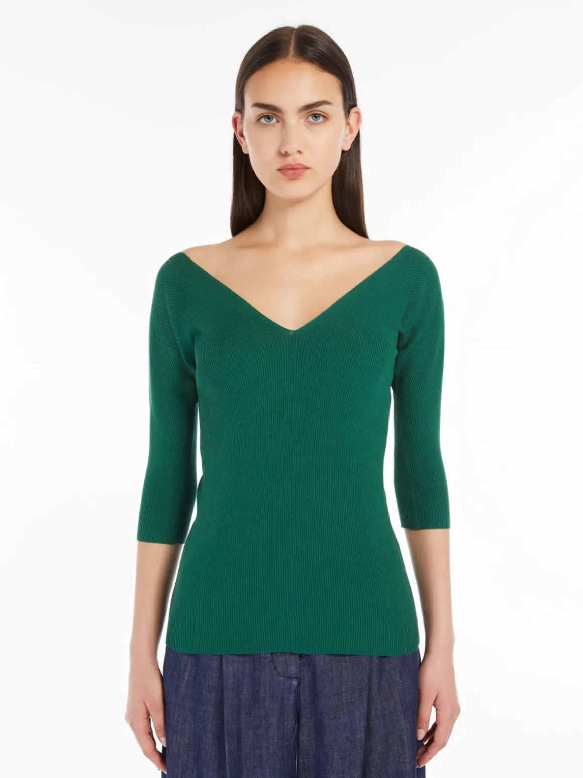 Rib-knit viscose V-neck sweater