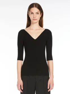 Rib-knit viscose V-neck sweater