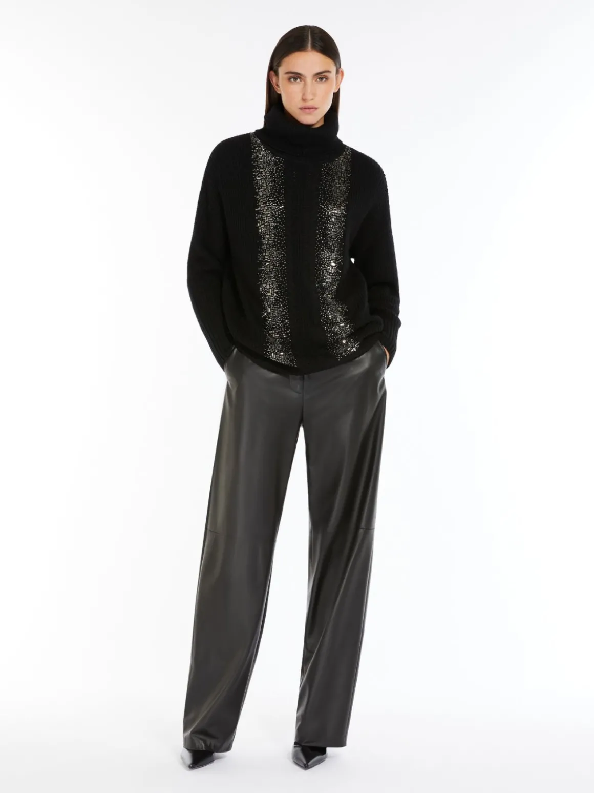 Rib-knit wool pullover with high neck