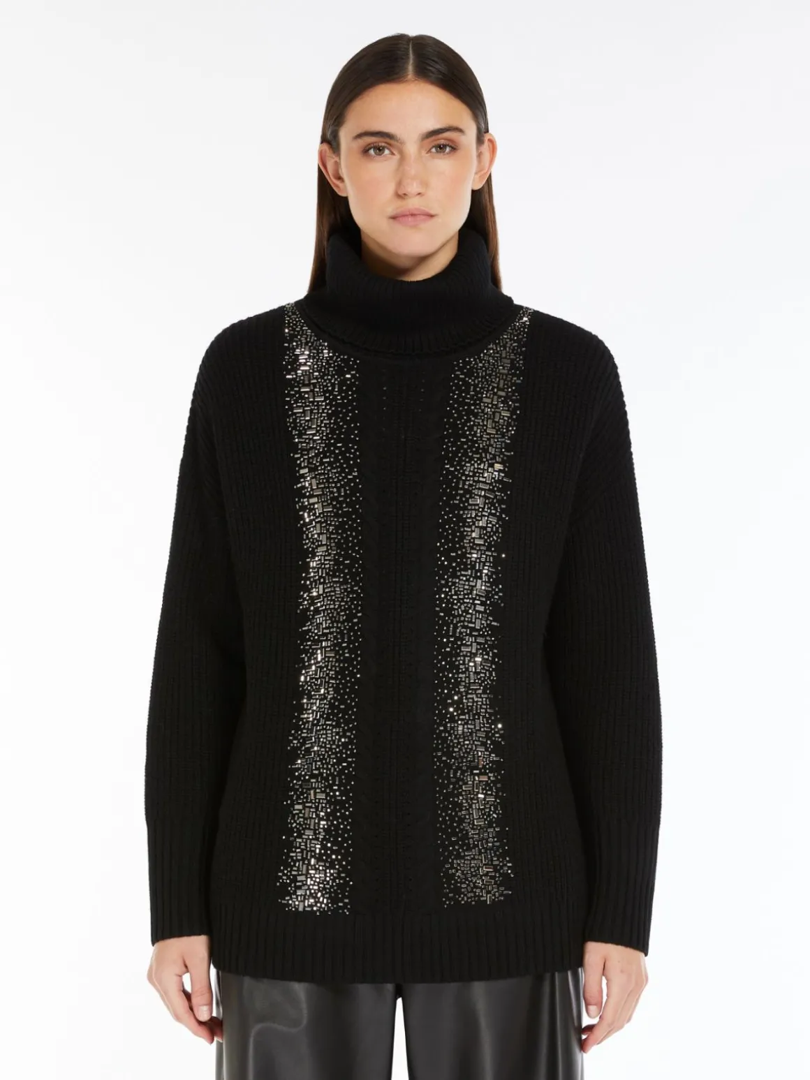 Rib-knit wool pullover with high neck