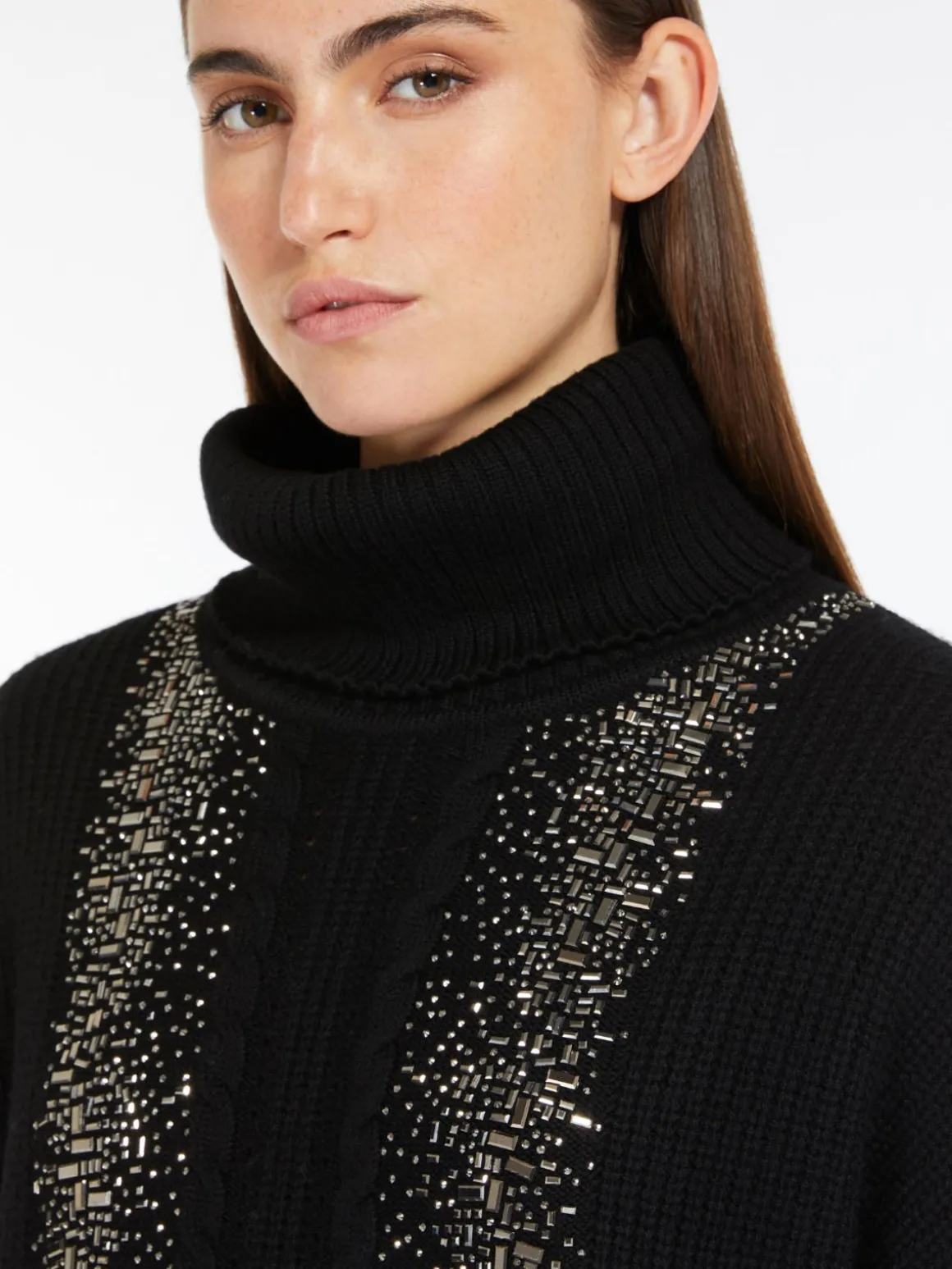 Rib-knit wool pullover with high neck