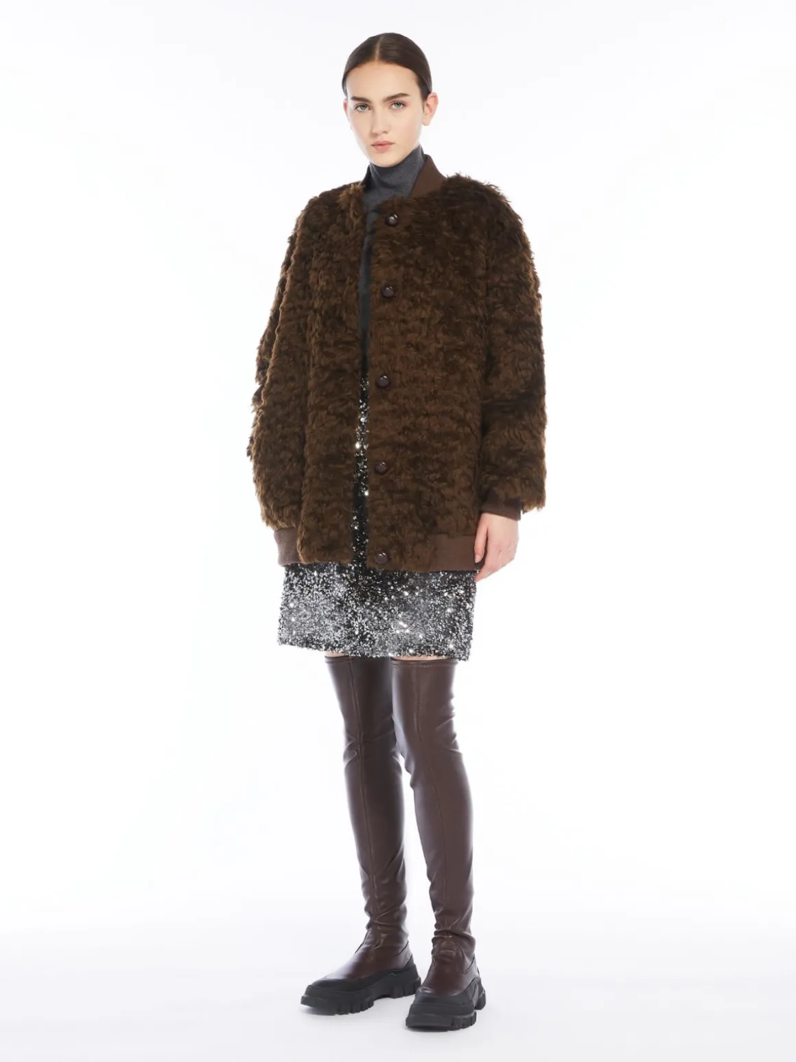 Short furry fabric bomber jacket