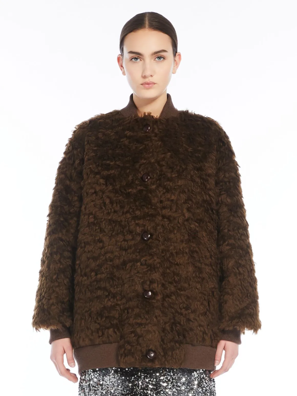 Short furry fabric bomber jacket