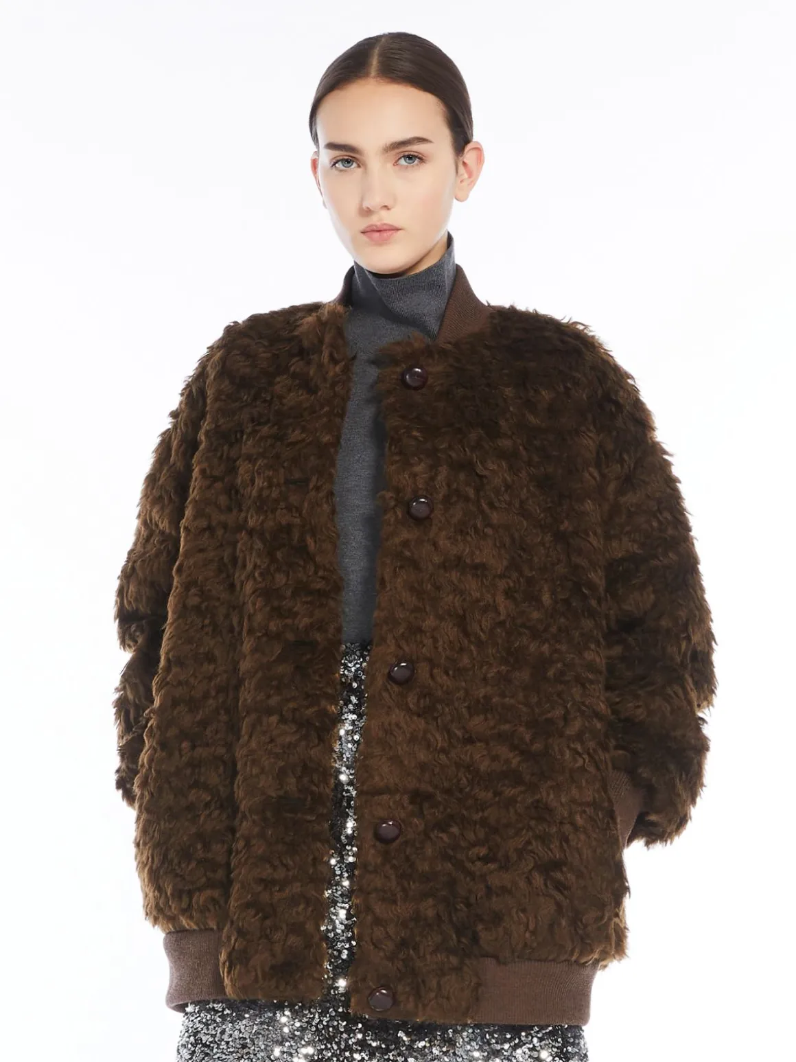 Short furry fabric bomber jacket