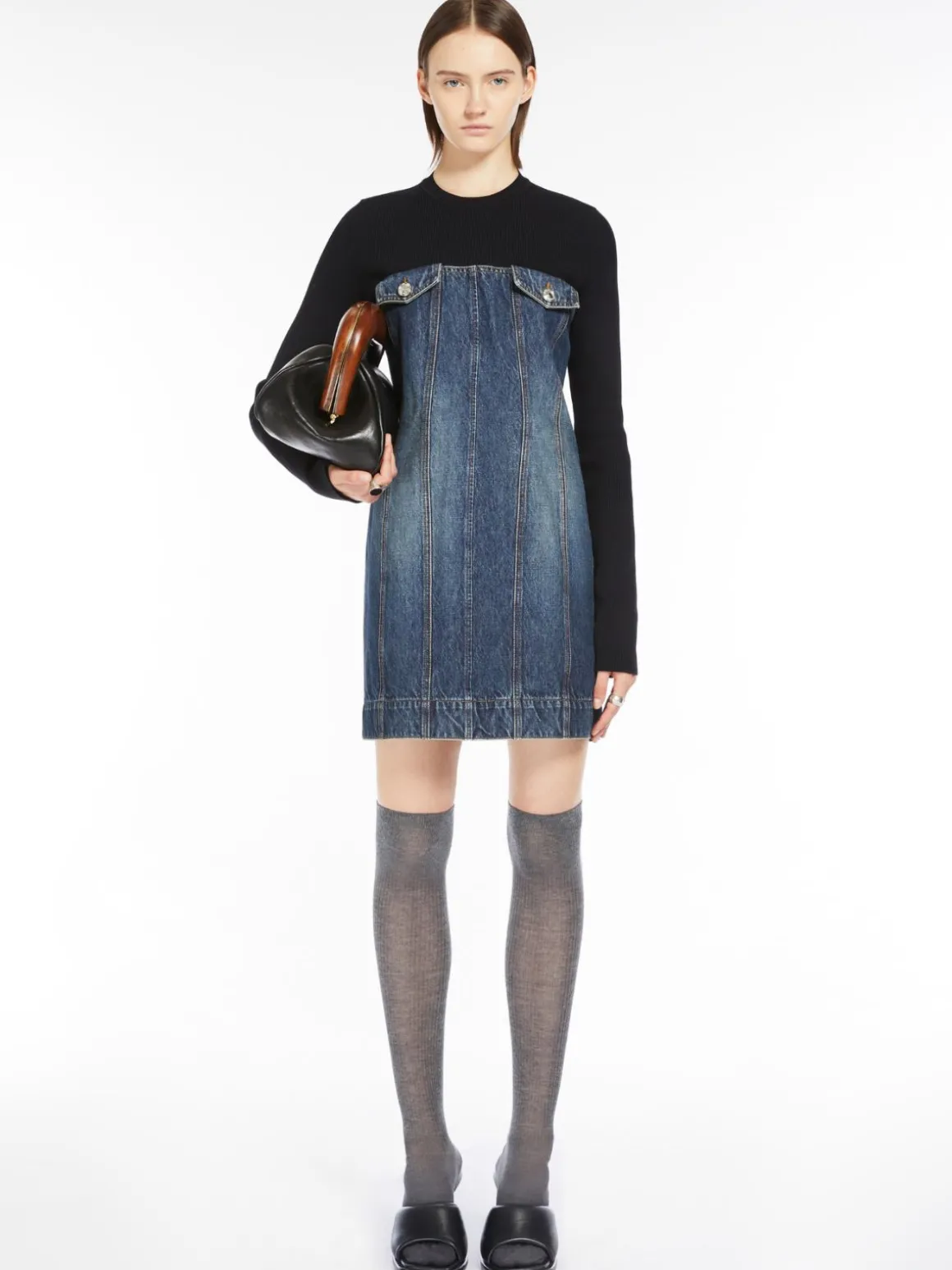 Slim-fit denim and knit fabric dress