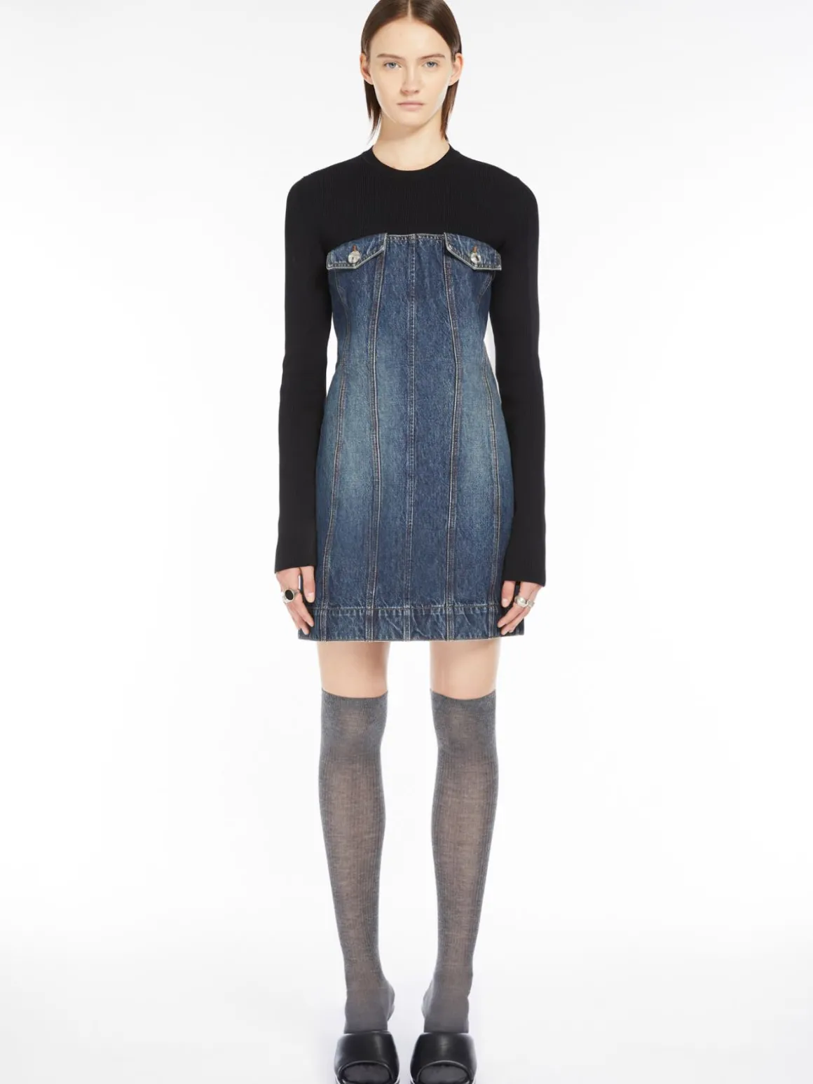 Slim-fit denim and knit fabric dress