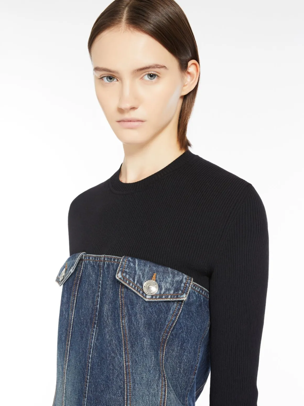 Slim-fit denim and knit fabric dress