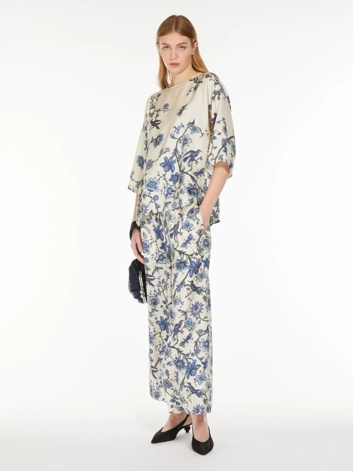 Wide-fit silk twill trousers